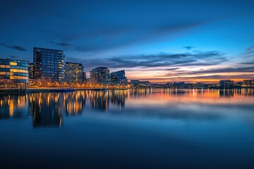 Fototapeta premium Cityscape twilight waterfront reflection urban development