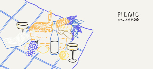 La Dolce vita lifestyle illustration in line doodle style for romantic event menu, invitation, poster, placard. Picnic in french or italian style with wine, cheese, bread. Elegant breakfast or brunch.