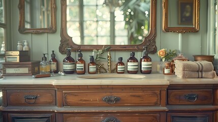 Fototapeta premium Antique Vanity Featuring Stylish Bathroom Products