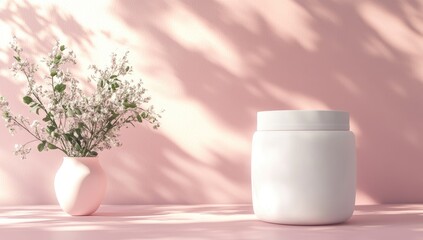 3D render of a white jar mockup, on a pink table with soft shadows and a pastel background,