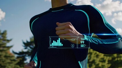Runner tracks performance metrics while jogging in a park during a bright afternoon - Powered by Adobe