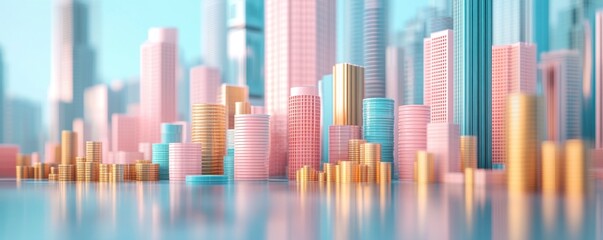 A colorful, stylized cityscape featuring buildings in pink and blue hues, with golden elements resembling coins, reflecting a vibrant urban environment.