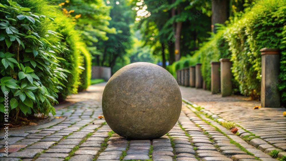 Poster stone sphere on a cobblestone path in a lush garden