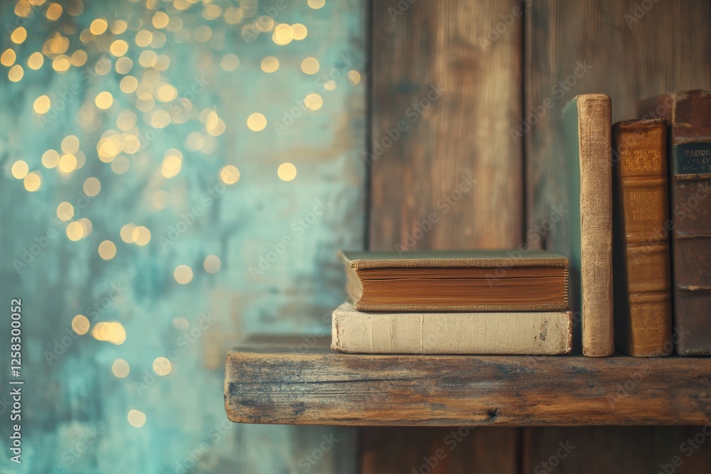Leinwandbilder rustic wooden shelf with a stack of books and a decorative blurred background providing ample blank 