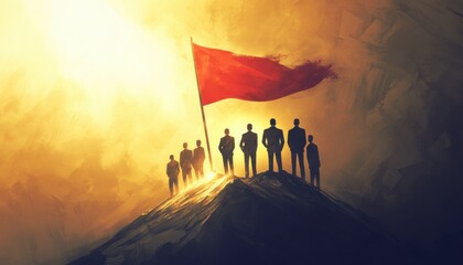 An inspiring conceptual image of a business team standing confidently on a peak, a golden light surrounding them