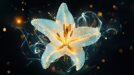 Graceful white lilies radiate purity and innocence, illuminated by shimmering lights, symbolizing resurrection and holiness during Easter and Maundy Thursday festivities