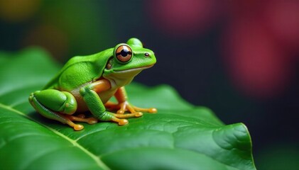 Naklejka premium Frog perched on a large green leaf with colorful background, whimsical, background, cartoon