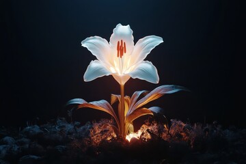 A solitary white lily stands illuminated against a dark background, embodying purity and spirituality during Easter celebrations, symbolizing Christ’s resurrection