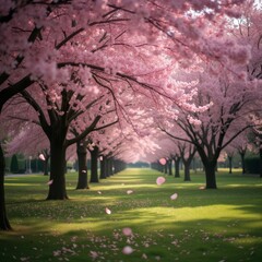 A serene pathway lined with cherry blossom trees in full bloom