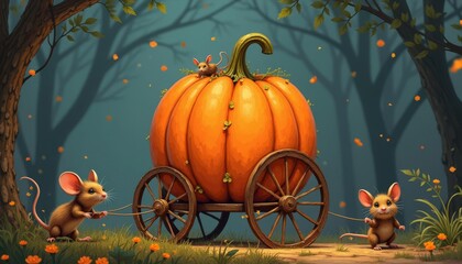 Whimsical Autumn Ride Mice Transporting Pumpkin in Enchanted Forest