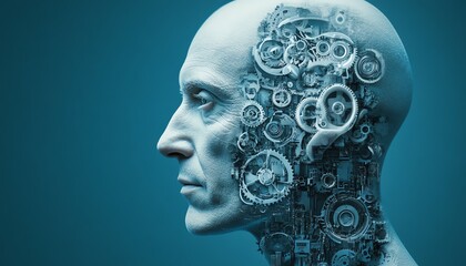 Obraz premium Profile of human head with visible gears, blue abstract background, complex mechanical and digital theme, futuristic design