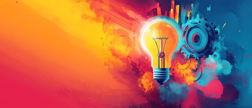 Vibrant colourful sketch featuring large light bulb, rocket launch, cogwheel, business success, highenergy creative design