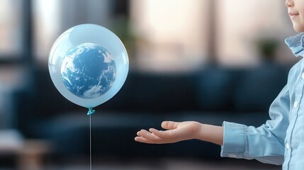 Fototapeta premium A child holds a blue balloon depicting the Earth, symbolizing innocence and environmental awareness in a cozy indoor setting.