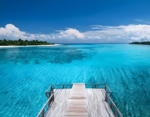 Obraz premium Top view from the input dock which leads to a tropical paradise, with clear blue sea water