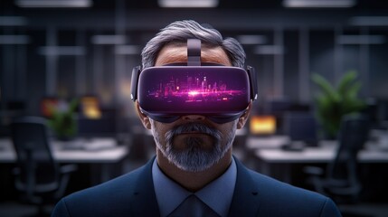 Businessman using virtual reality glasses for work in a modern office environment with digital interface