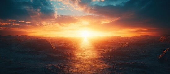 Fiery sunset over mountainous landscape, dramatic clouds