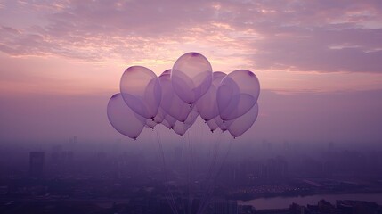Fototapeta premium Pale pink balloons float against a hazy cityscape sunset.