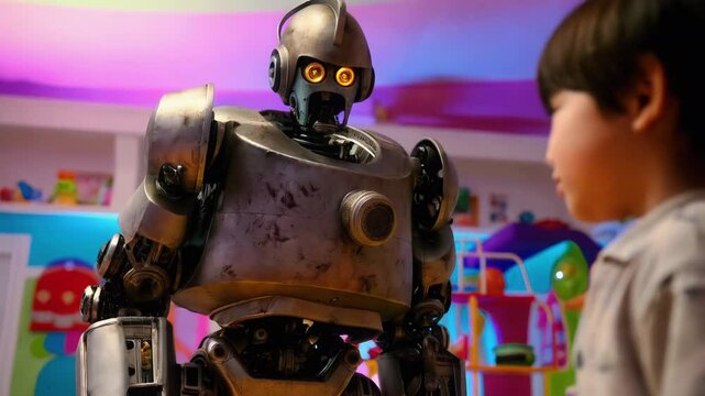 A child interacts with a futuristic robot in a vibrant playroom decorated with colorful toys. The setting blends retro and modern styles, creating a whimsical atmosphere for exploration