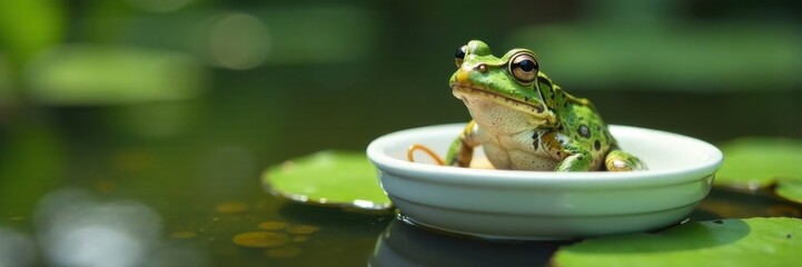 Frog with white bowl in pond , frog, bowl, natural