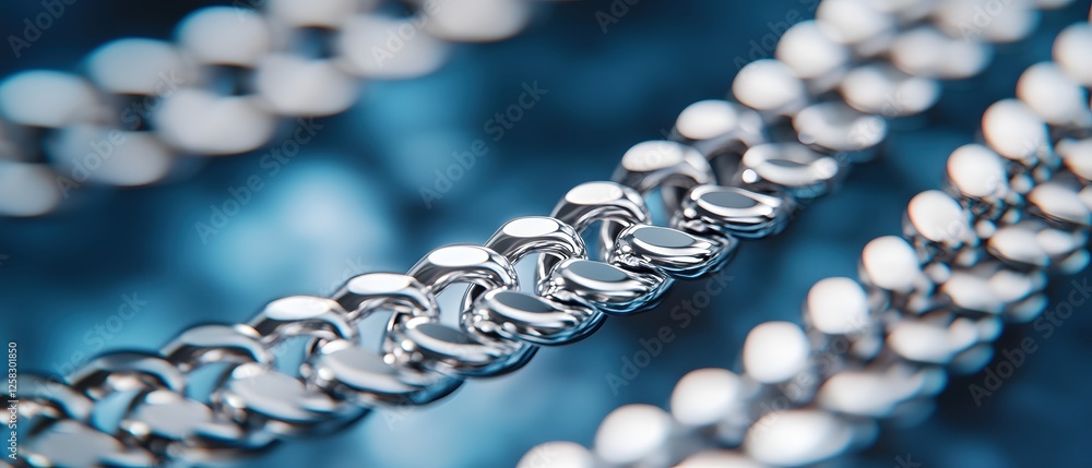 Poster gleaming silver chain links on a soft blue backdrop in a stylish macro shot