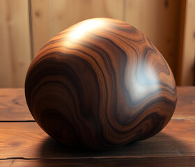 A 3D blob carved out of rich, dark wood, with intricate grain patterns and smooth, polished curves. It rests on a rustic table, surrounded by earthy tones and a soft, warm light 