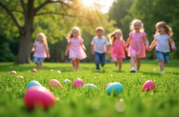 Obraz premium easter egg hunt. small kids boys and girls run to collect eggs scattered in grass of outdoor natural park. focus on eggs, children out of focus.