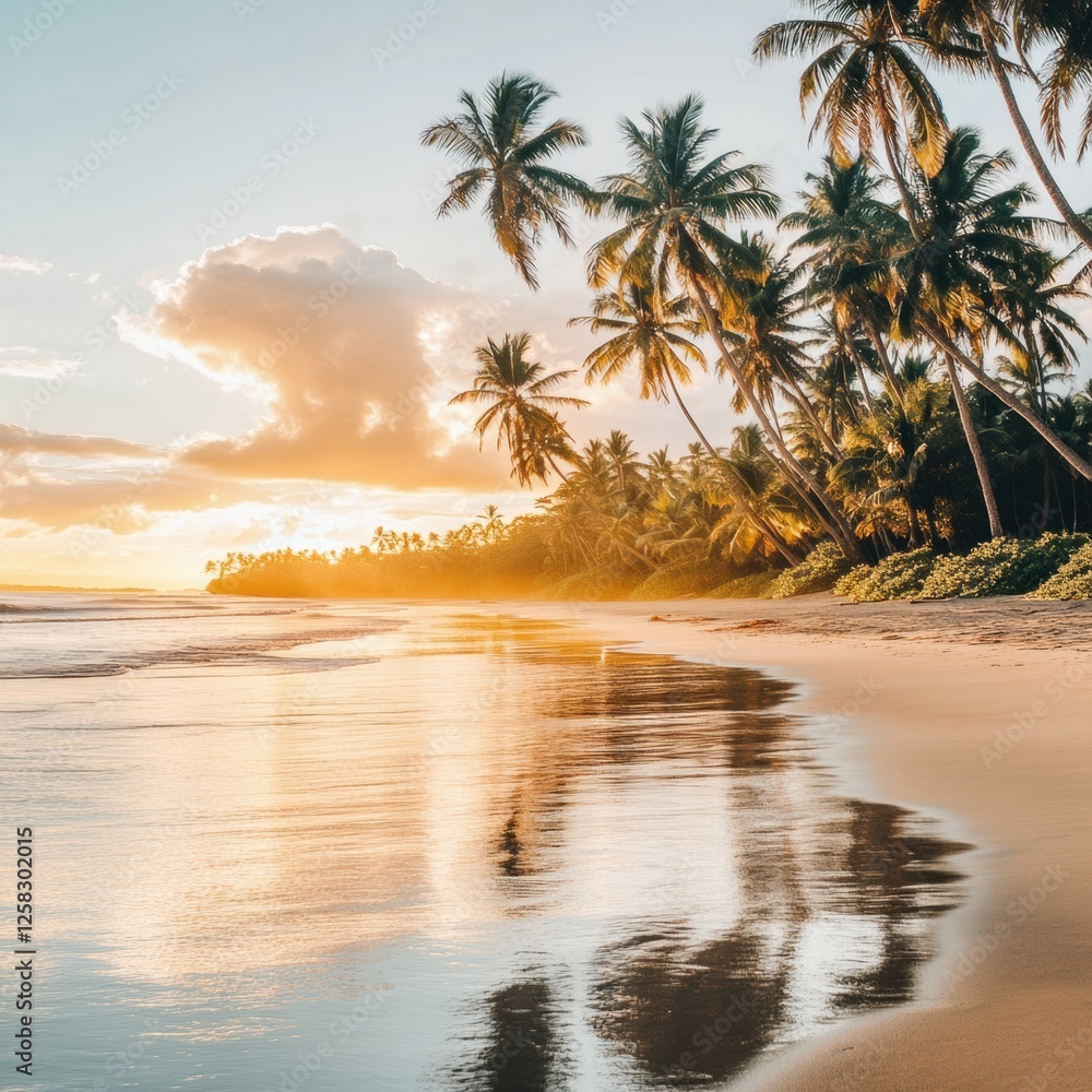 Aufkleber sunset over tropical beach with palm trees and calm ocean reflecting golden light. generative ai