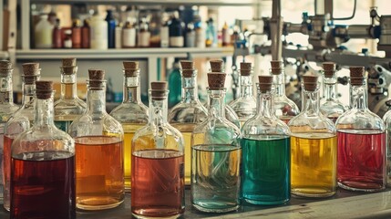 Vibrant Glass Bottles with Colored Liquids in a Sterile Pharmaceutical Laboratory Setting