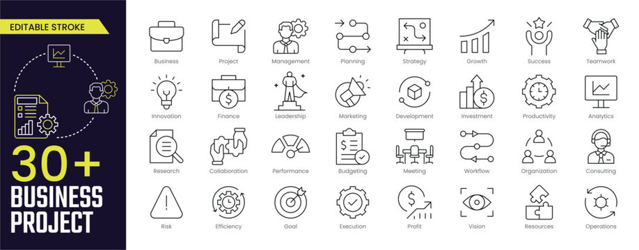 Business Project Stroke icon collections. Containing Business, Project, Management, Growth, Planning, Productivity, Investment, and more icons. Editable Stroke icon collection Outline icon.