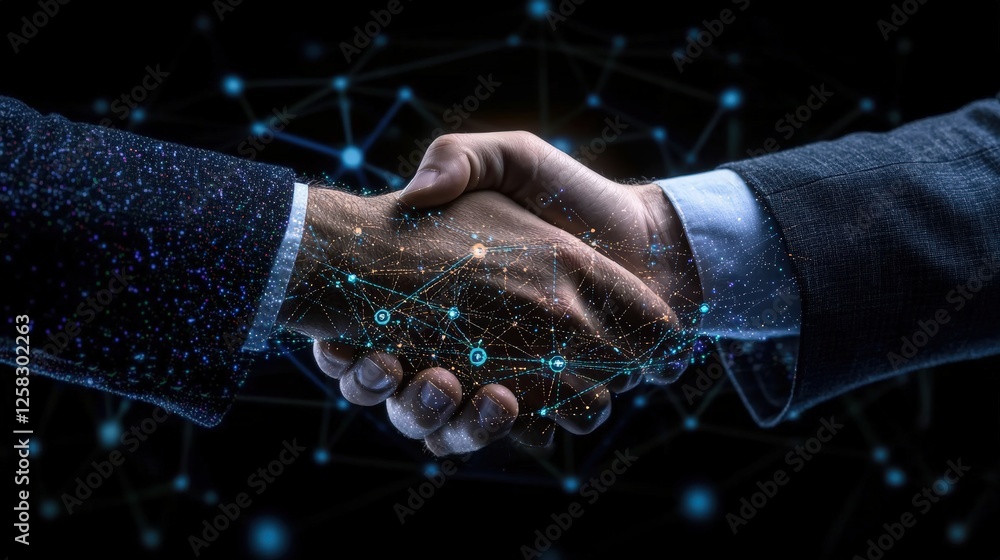 Poster two hands shaking over network lines with global stock market graph and bar chart background
