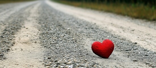 Red heart on gravel road, nature background, lost love concept