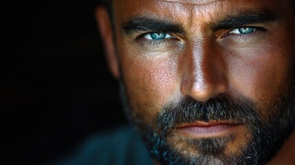 Fototapeta premium Intense gaze, man, portrait, dark background, advertising
