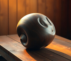 A 3D blob carved out of rich, dark wood, with intricate grain patterns and smooth, polished curves. It rests on a rustic table, surrounded by earthy tones and a soft, warm light 