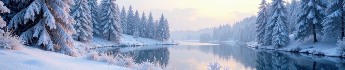 Fototapeta premium Frosty forest landscape with snow-covered trees and frozen lake, forest, snow, snowy