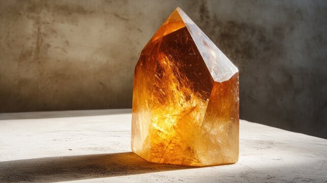 Sunlit citrine tower on table, textured backdrop, spiritual energy
