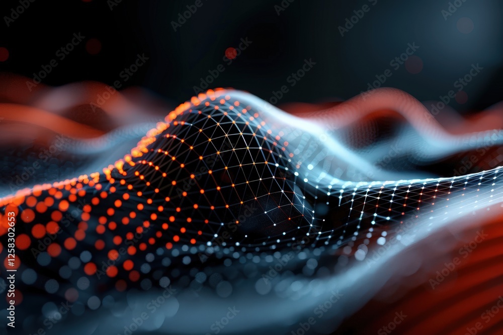 Poster abstract 3d landscape with wavy surface, glowing dots and lines on dark background for technology an