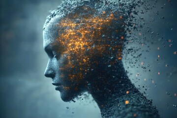 Crumbling Woman, fiery head, dark sky, digital art, album cover