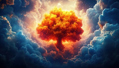 An artistic depiction of a tree with exaggeratedly vivid autumn colors, almost glowing against a dark stormy sky