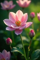 Fototapeta premium A delicate pink flower blooms in a small, tranquil corner of the garden, garden, quiet corner, serene