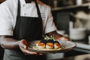 Elegant presentation of seared scallops with yuzu beurre blanc by a waiter in a fine-dining kitchen