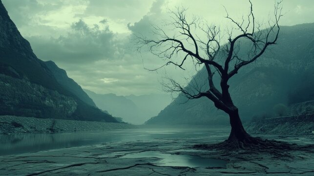Lonely dead tree, valley riverbank, drought, gloomy mountains, environmental concept