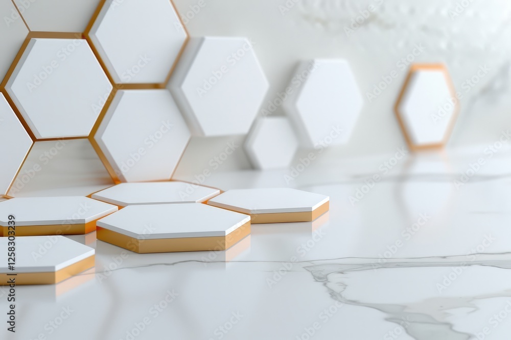 Poster modern geometric background with white and gold hexagonal shapes on marble surface for creative desi