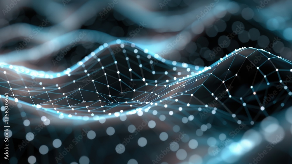 Poster abstract light waves with dots and lines creating a digital landscape in stunning blue and black col