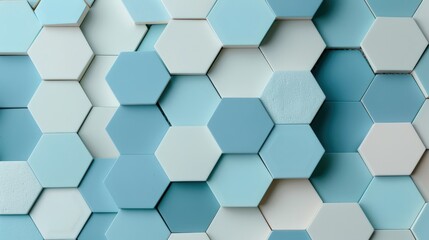 Fototapeta premium Abstract Background of Hexagonal Tiles in Various Shades of Blue and White Creating a Geometric Pattern