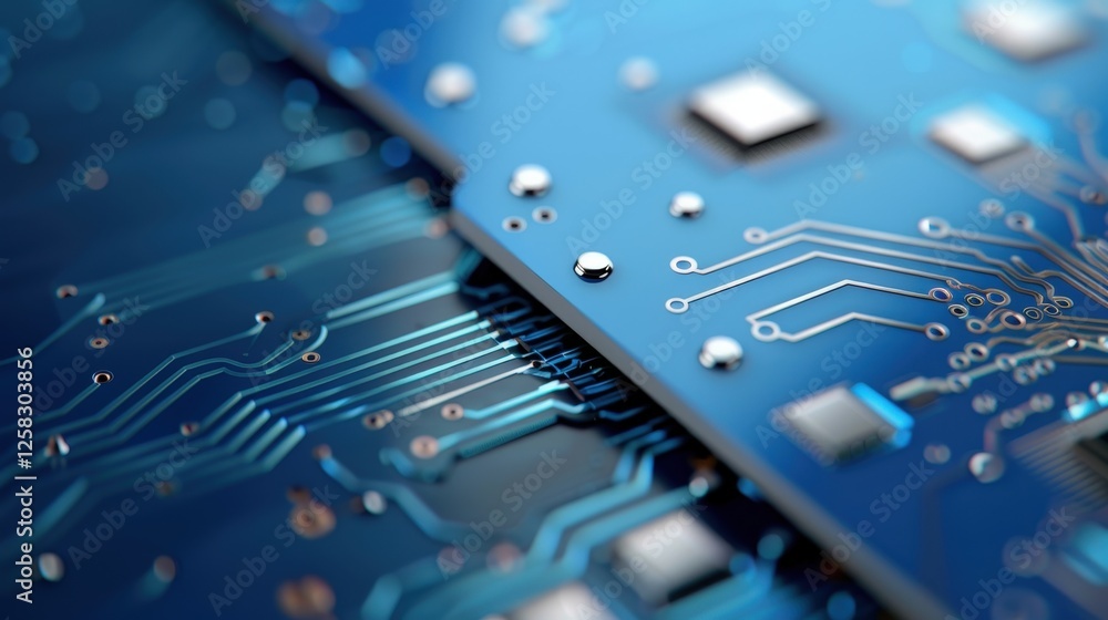 Poster close-up view of blue circuit board with electronic components and intricate wiring for technology a