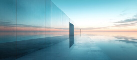 Glass building reflects sunset ocean; tranquil scene