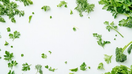 white background with various green vegetables scattered around, creating an atmosphere of freshness and healthiness