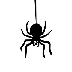 Black cartoon spider hanging on a thread, simple and cute design isolated