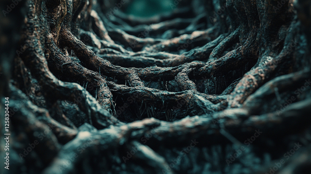Poster intricate network of roots in a dense forest during twilight