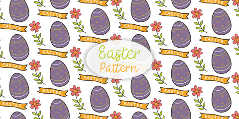 Seamless transparent Easter vector pattern with decorated eggs, flowers, and banners, editable background for textile and packaging
